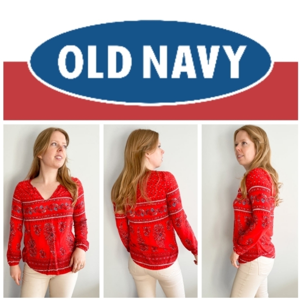 Old Navy Red Floral V-Neck Blouse Top. Size S